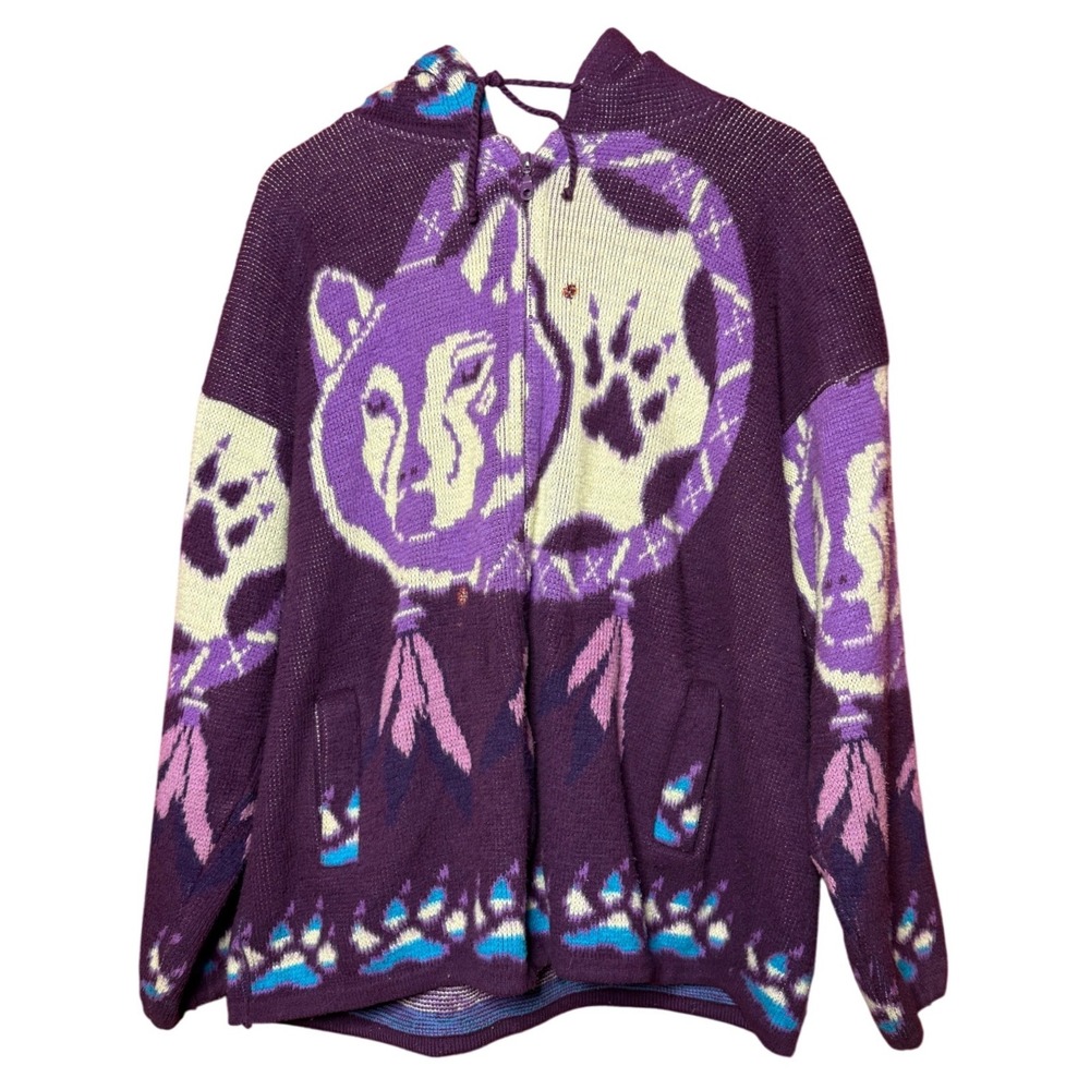 Vintage Yari Artesanias Size XL Wool Wolf Dreamcatcher Zip Purple Hoodie Ecuador